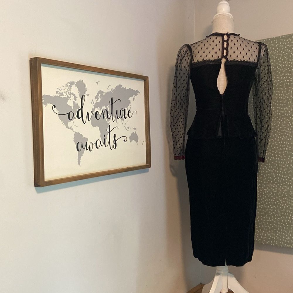Gunne Sax Black Velvet Vintage Polka Dot Lace Goth Emo Peplum Mini Dress Size 5 - Picture 8 of 11